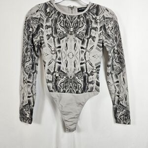 Maniere De Voir Grey Snakeskin-Print Long Sleeve Bodysuit